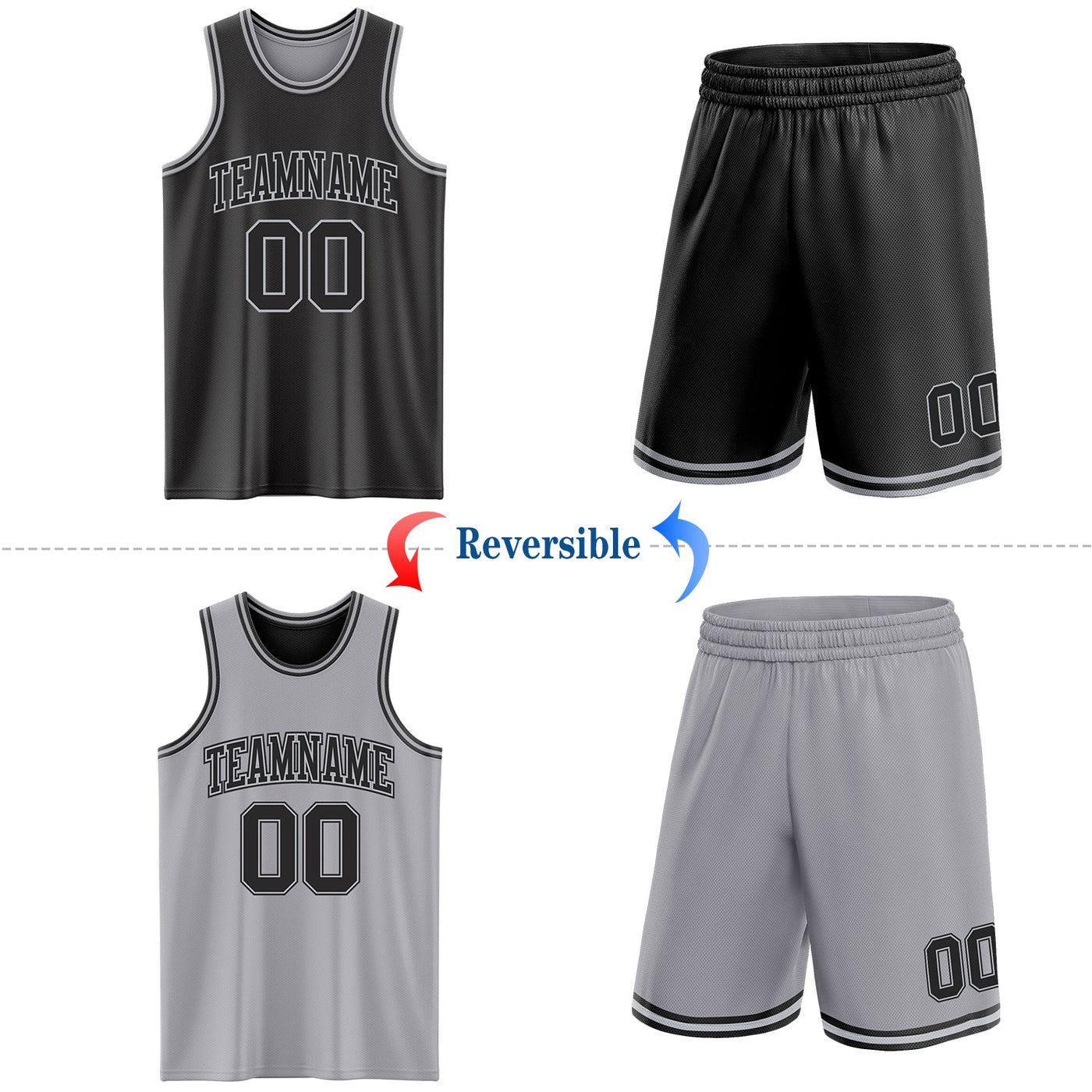 Custom Reversible Black Gray Double Side Sublimation Basketball Set Jersey