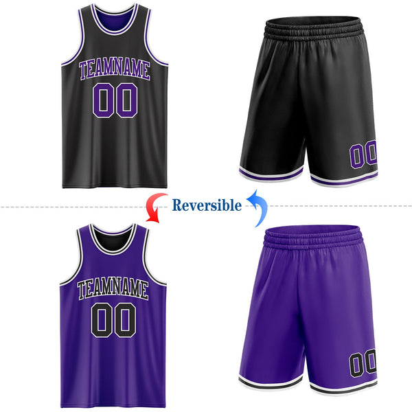 Custom Reversible Black Purple-White Double Side Sublimation Basketball Set Jersey