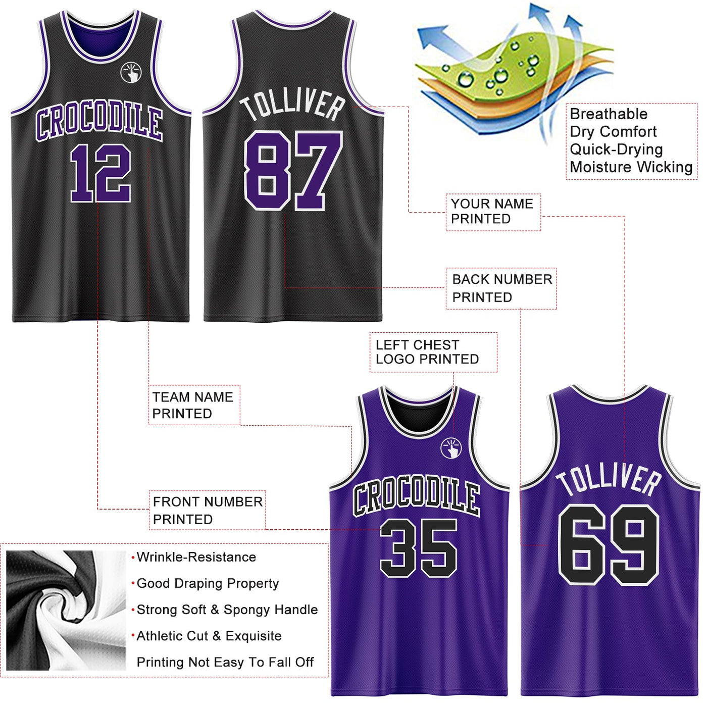 Custom Reversible Black Purple-White Double Side Sublimation Basketball Set Jersey