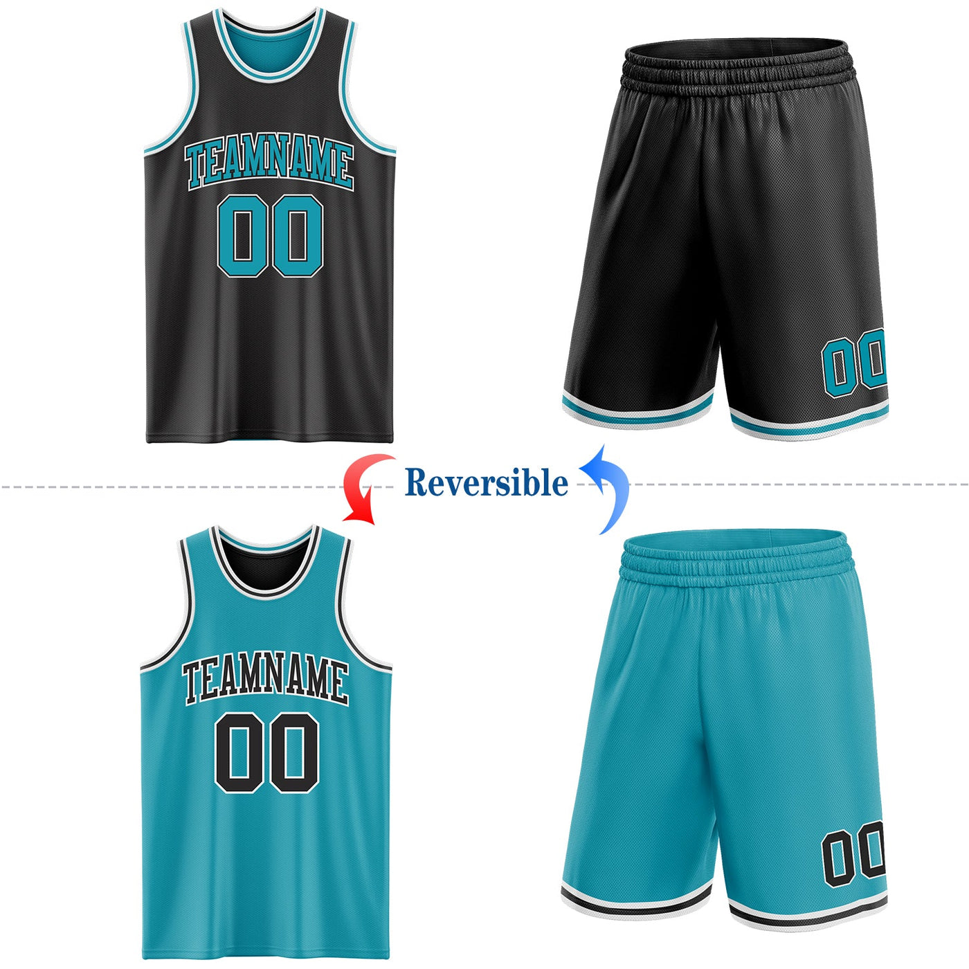 Custom Reversible Black Teal-White Double Side Sublimation Basketball Set Jersey