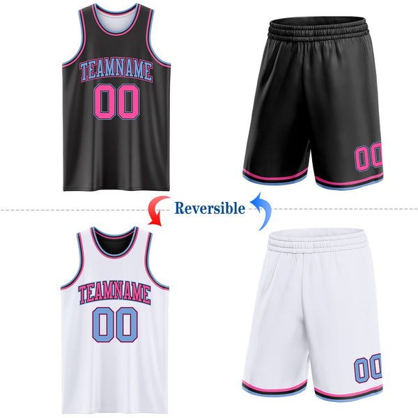 Custom Reversible Black Pink-Light Blue Double Side Sublimation Basketball Set Jersey