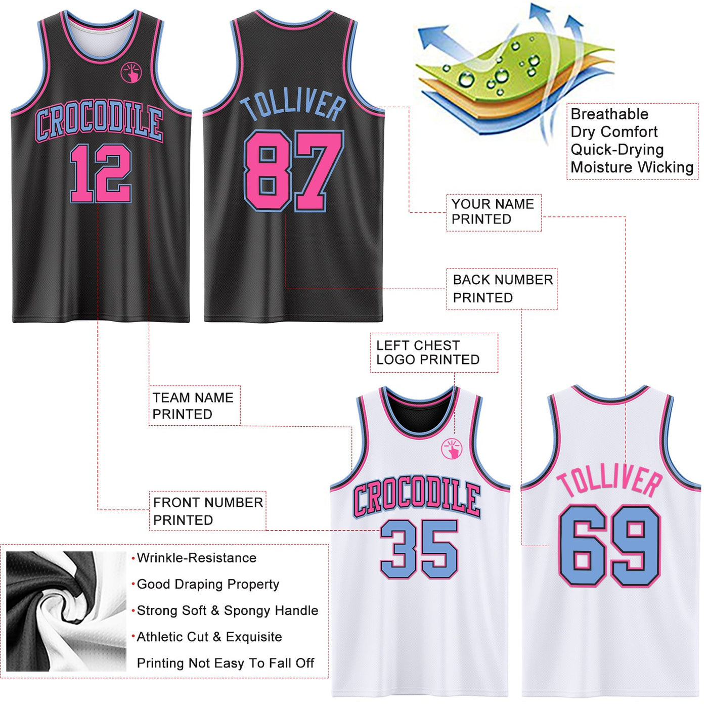 Custom Reversible Black Pink-Light Blue Double Side Sublimation Basketball Set Jersey