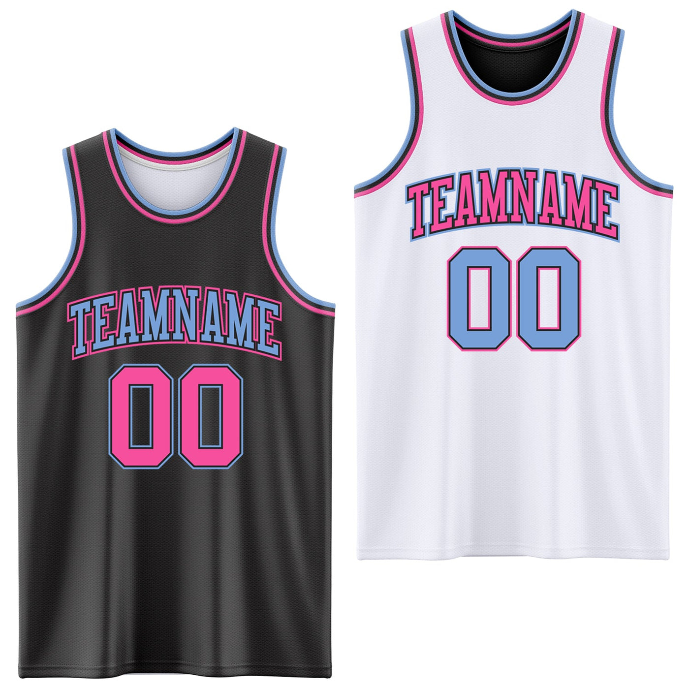 Custom Reversible Black Pink-Light Blue Double Side Sublimation Basketball Set Jersey