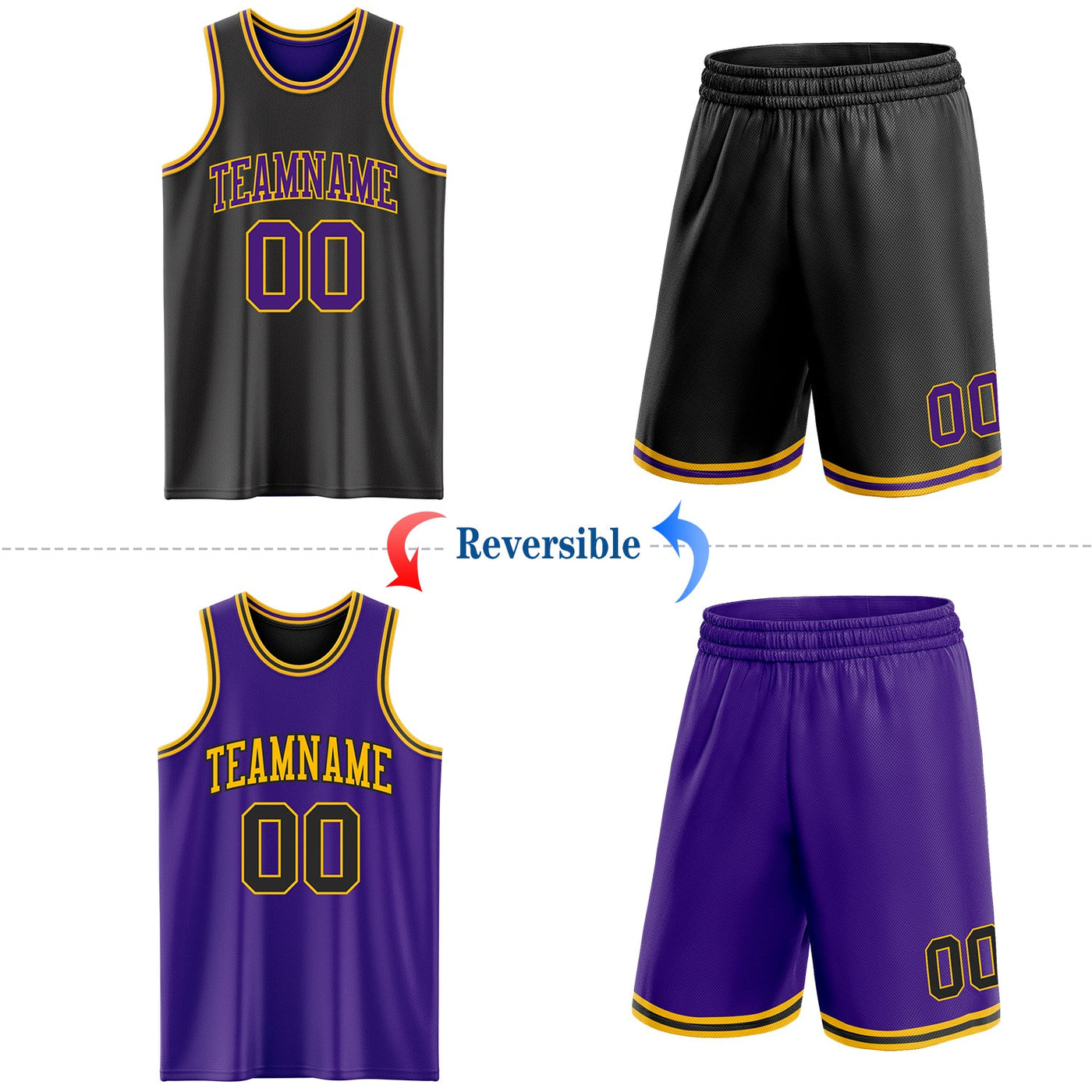 Custom Reversible Black Purple-Gold Double Side Sublimation Basketball Set Jersey