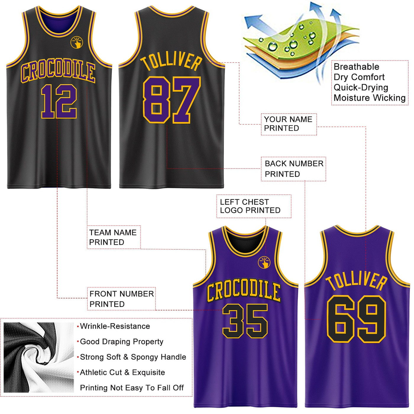Custom Reversible Black Purple-Gold Double Side Sublimation Basketball Set Jersey