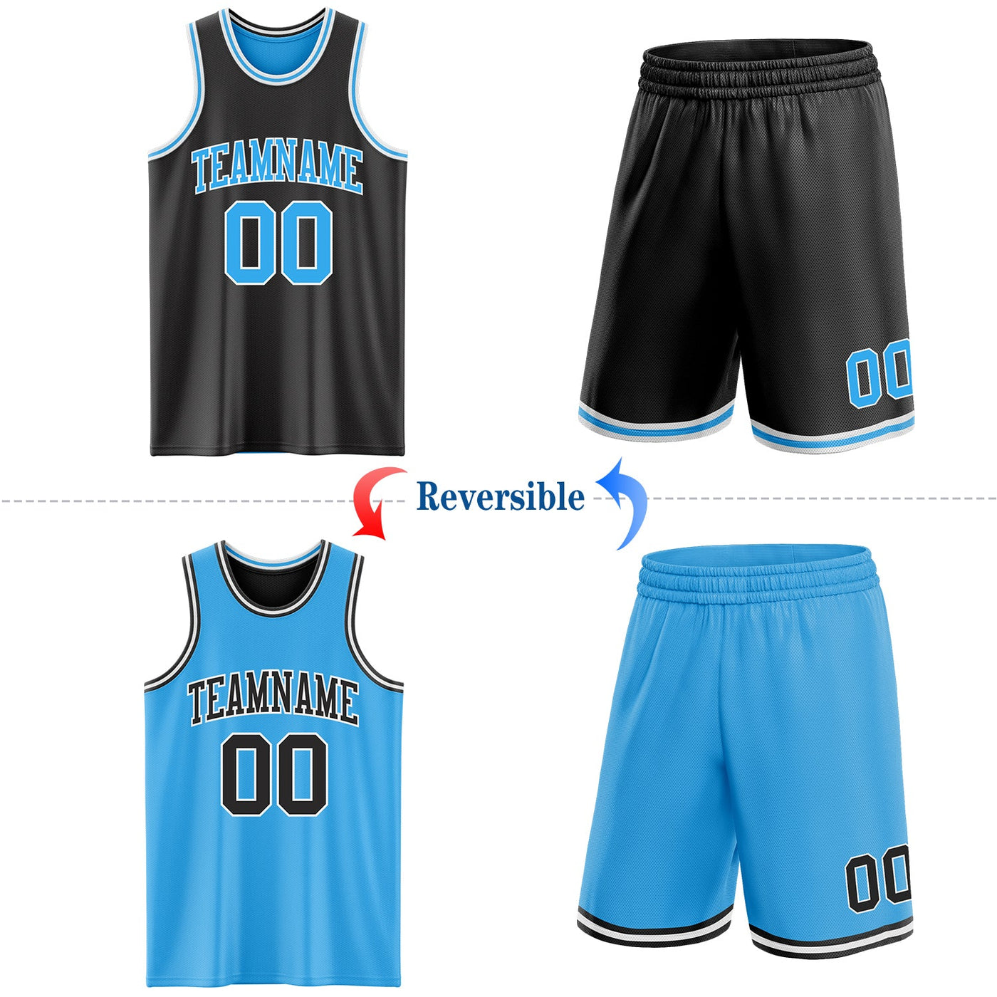 Custom Reversible Black Sky Blue-White Double Side Sublimation Basketball Set Jersey