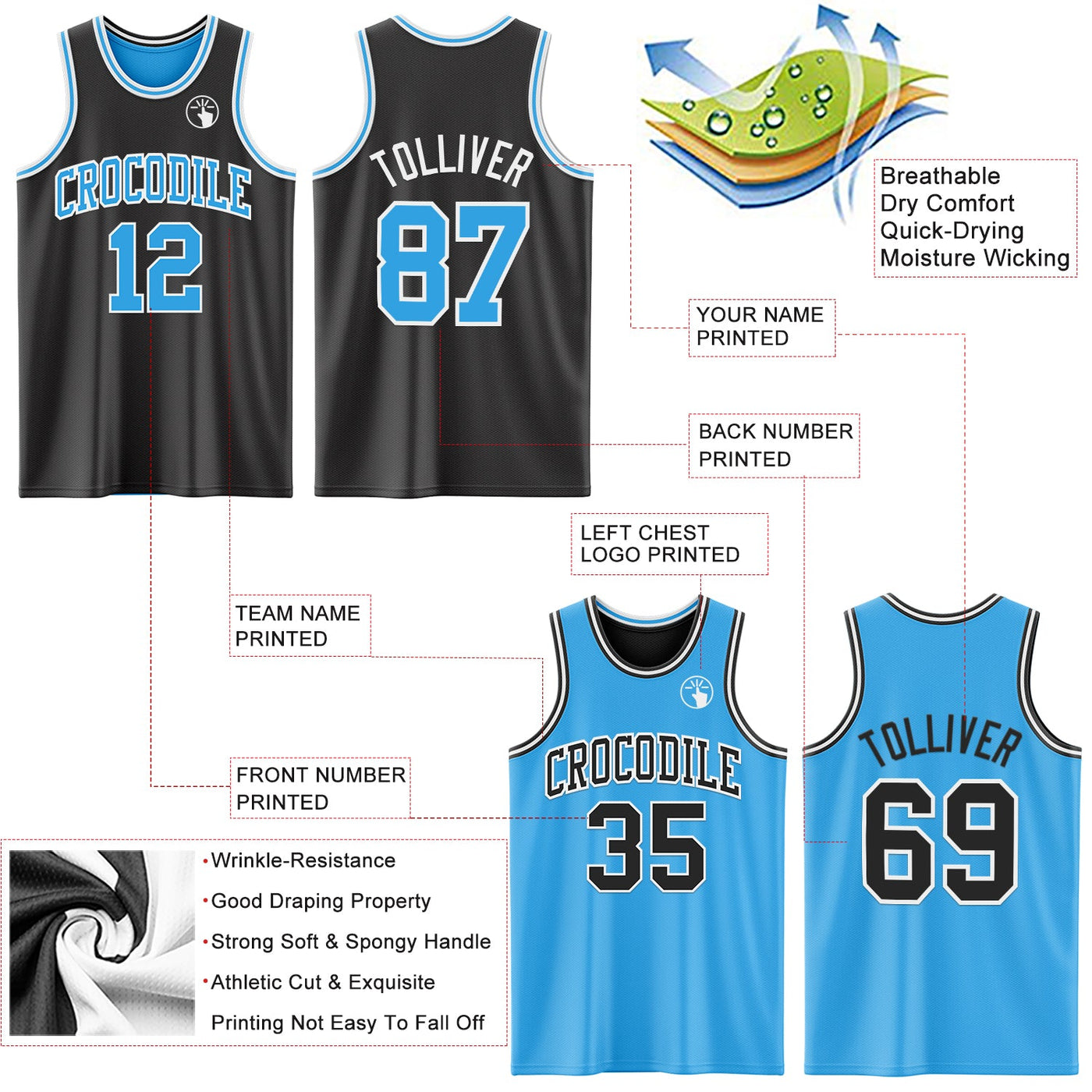 Custom Reversible Black Sky Blue-White Double Side Sublimation Basketball Set Jersey