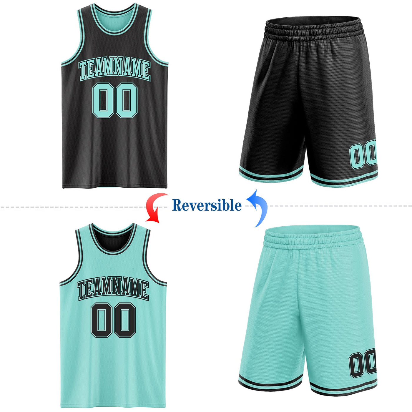 Custom Reversible Black Ice Blue Double Side Sublimation Basketball Set Jersey