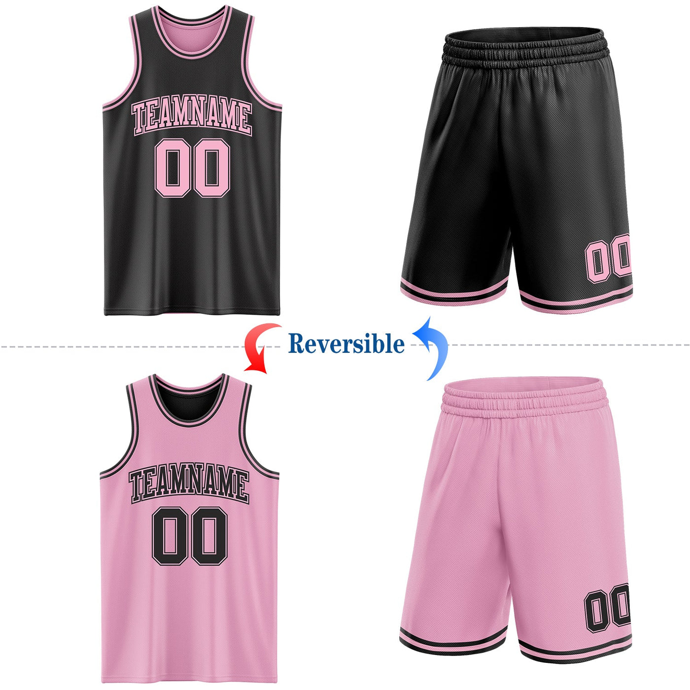 Custom Reversible Black Light Pink Double Side Sublimation Basketball Set Jersey