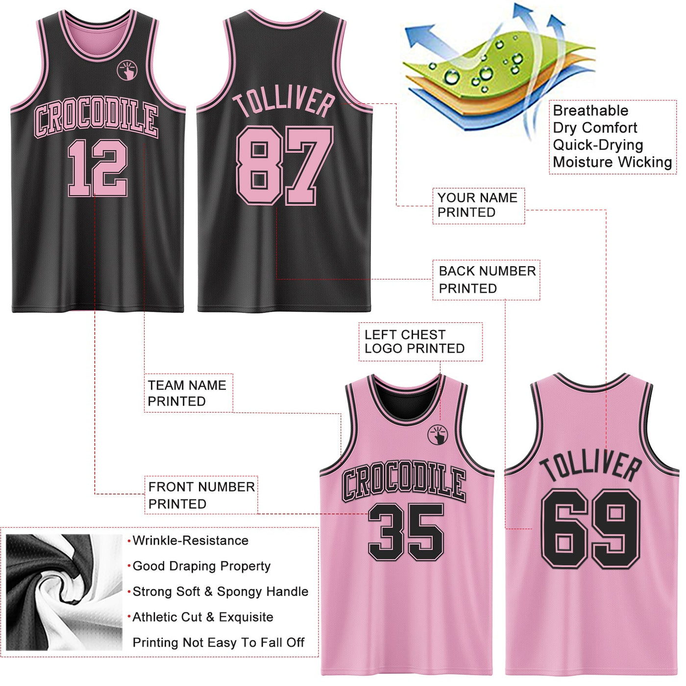Custom Reversible Black Light Pink Double Side Sublimation Basketball Set Jersey
