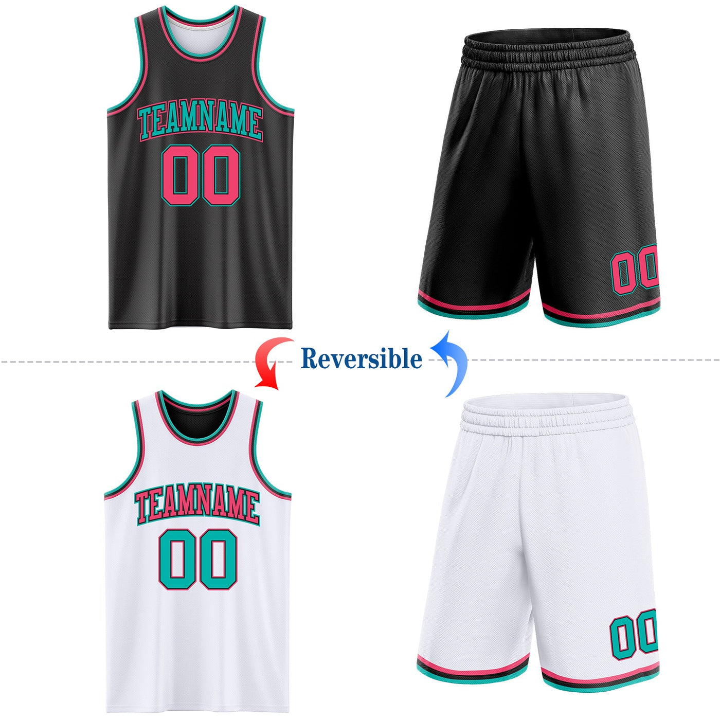 Custom Reversible Black Neon Pink-Aqua Double Side Sublimation Basketball Set Jersey