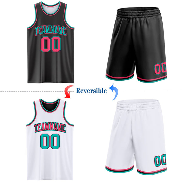 Custom Reversible Black Neon Pink-Aqua Double Side Sublimation Basketball Set Jersey