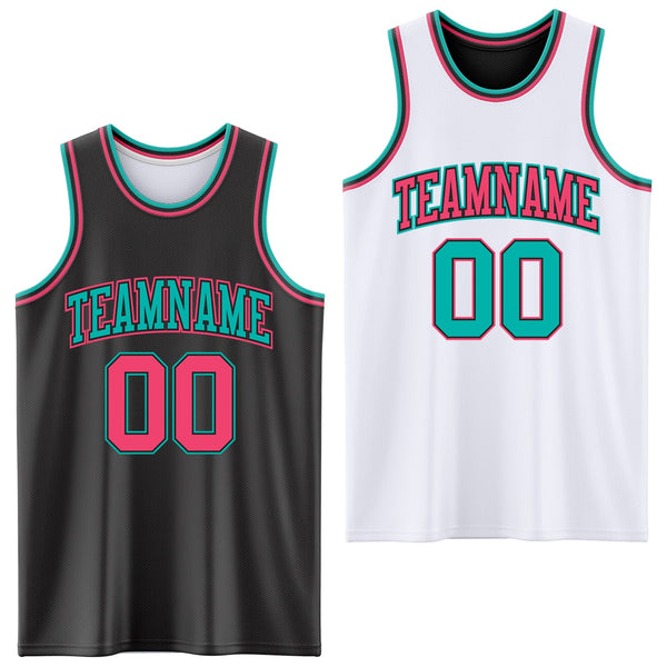 Custom Reversible Black Neon Pink-Aqua Double Side Sublimation Basketball Set Jersey