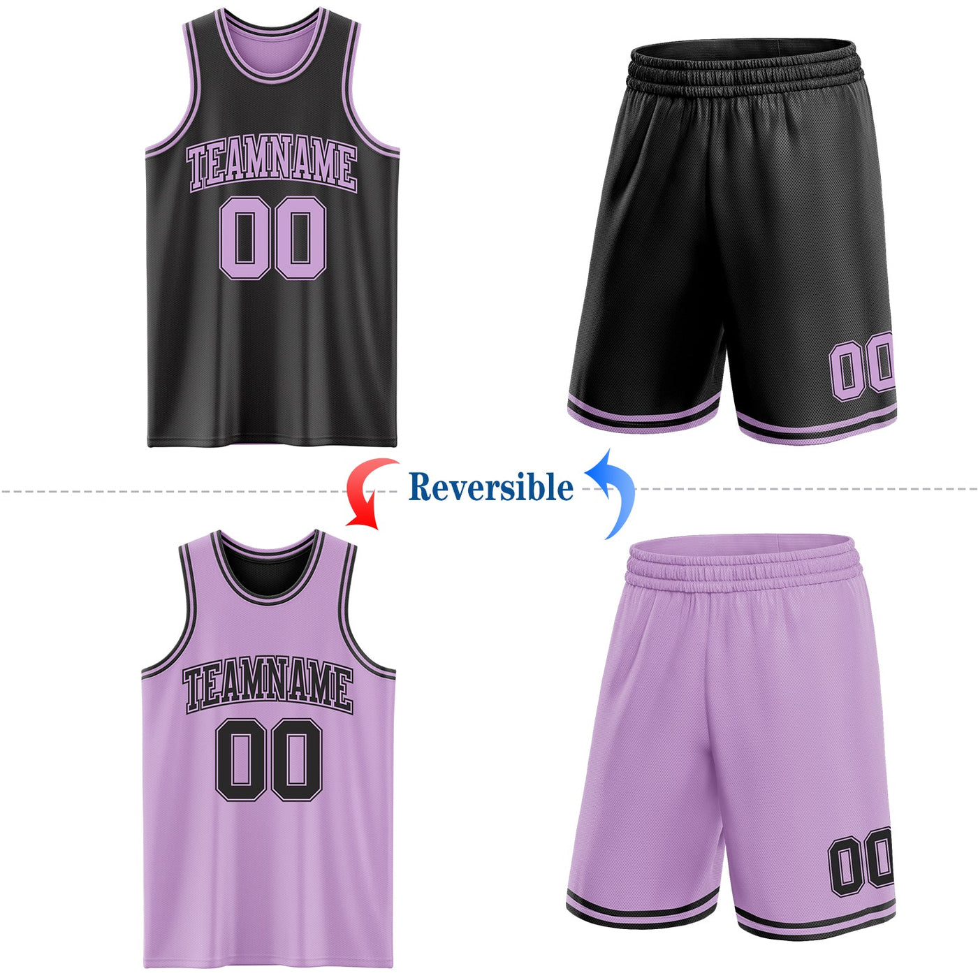 Custom Reversible Black Light Purple Double Side Sublimation Basketball Set Jersey