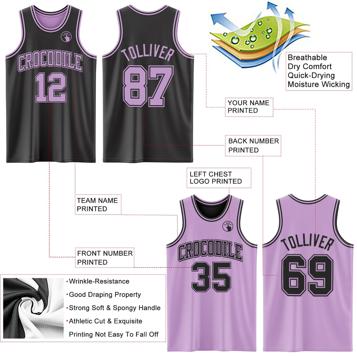 Custom Reversible Black Light Purple Double Side Sublimation Basketball Set Jersey