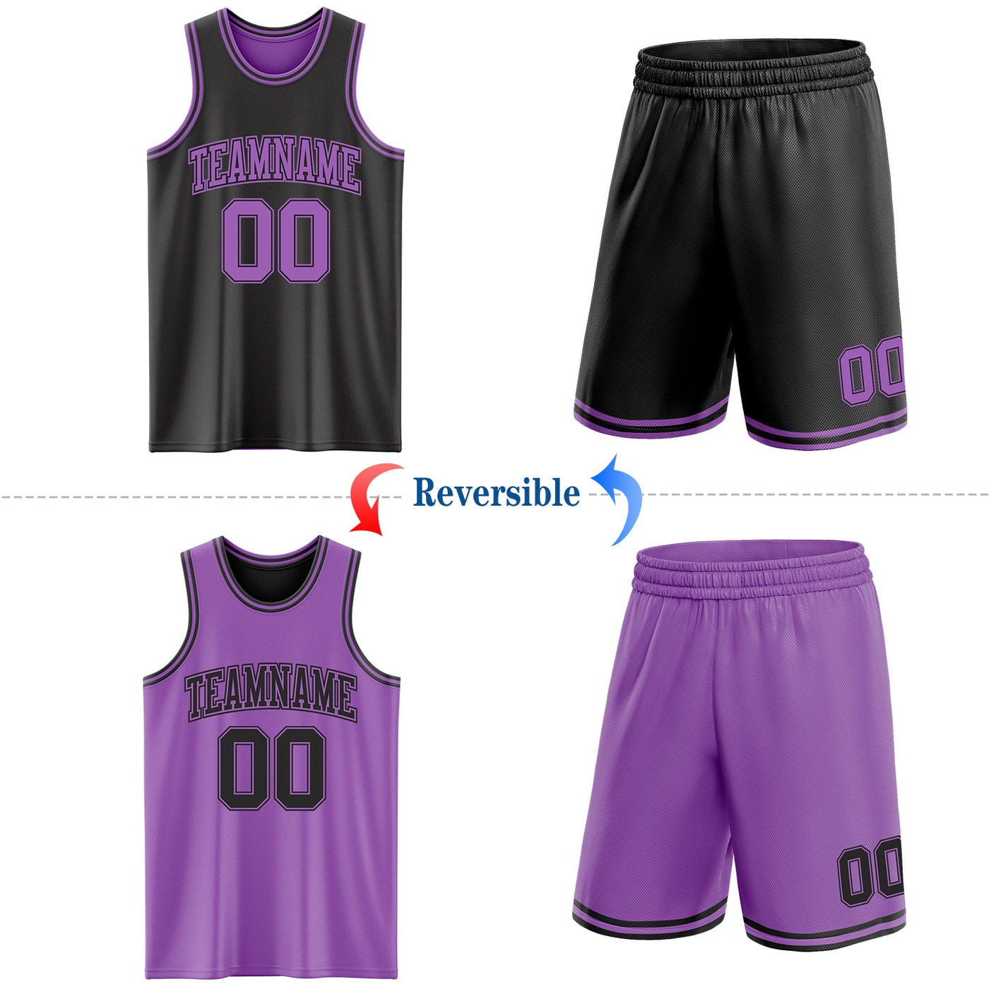 Custom Reversible Black Medium Purple Double Side Sublimation Basketball Set Jersey