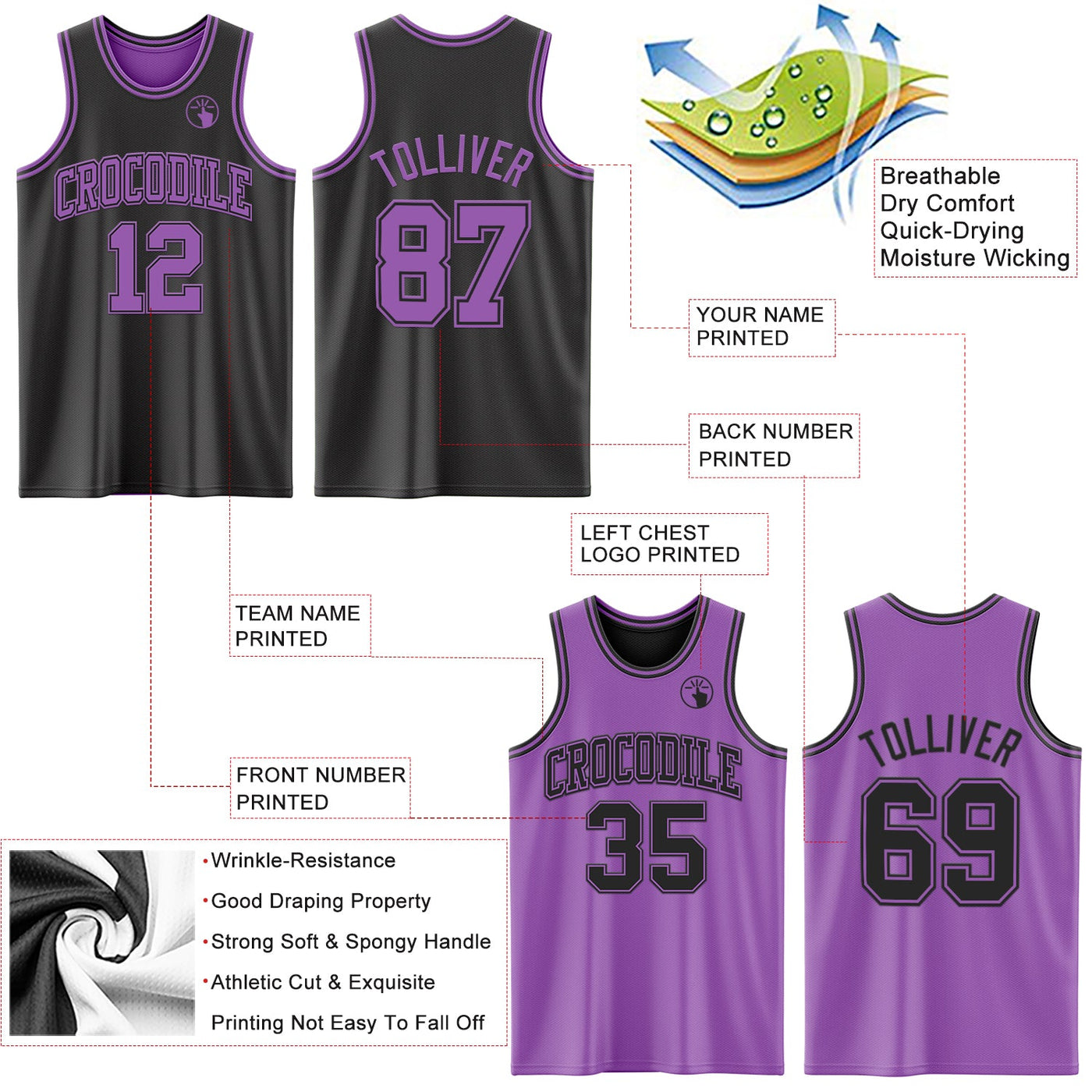 Custom Reversible Black Medium Purple Double Side Sublimation Basketball Set Jersey