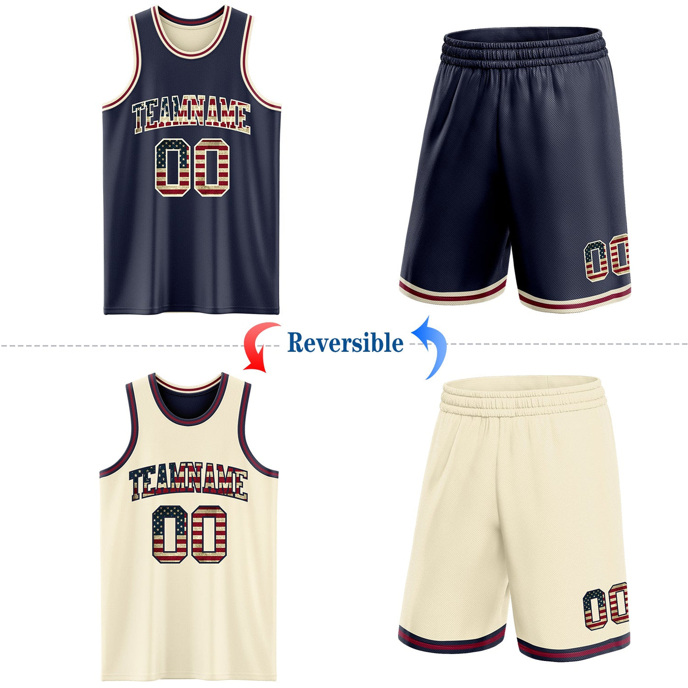 Custom Navy Vintage USA Flag Cream-Maroon Reversible Double Side Sublimation Basketball Set Jersey