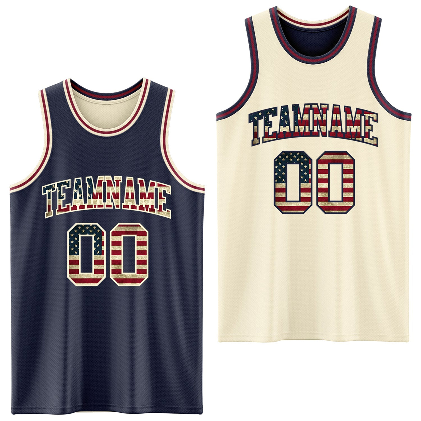 Custom Navy Vintage USA Flag Cream-Maroon Reversible Double Side Sublimation Basketball Set Jersey