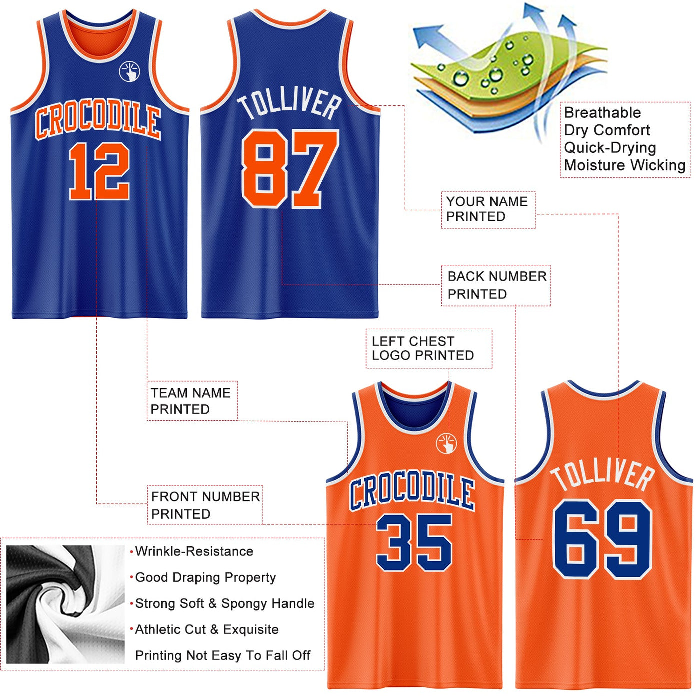 Custom Royal Orange-White Reversible Double Side Sublimation Basketball Set Jersey