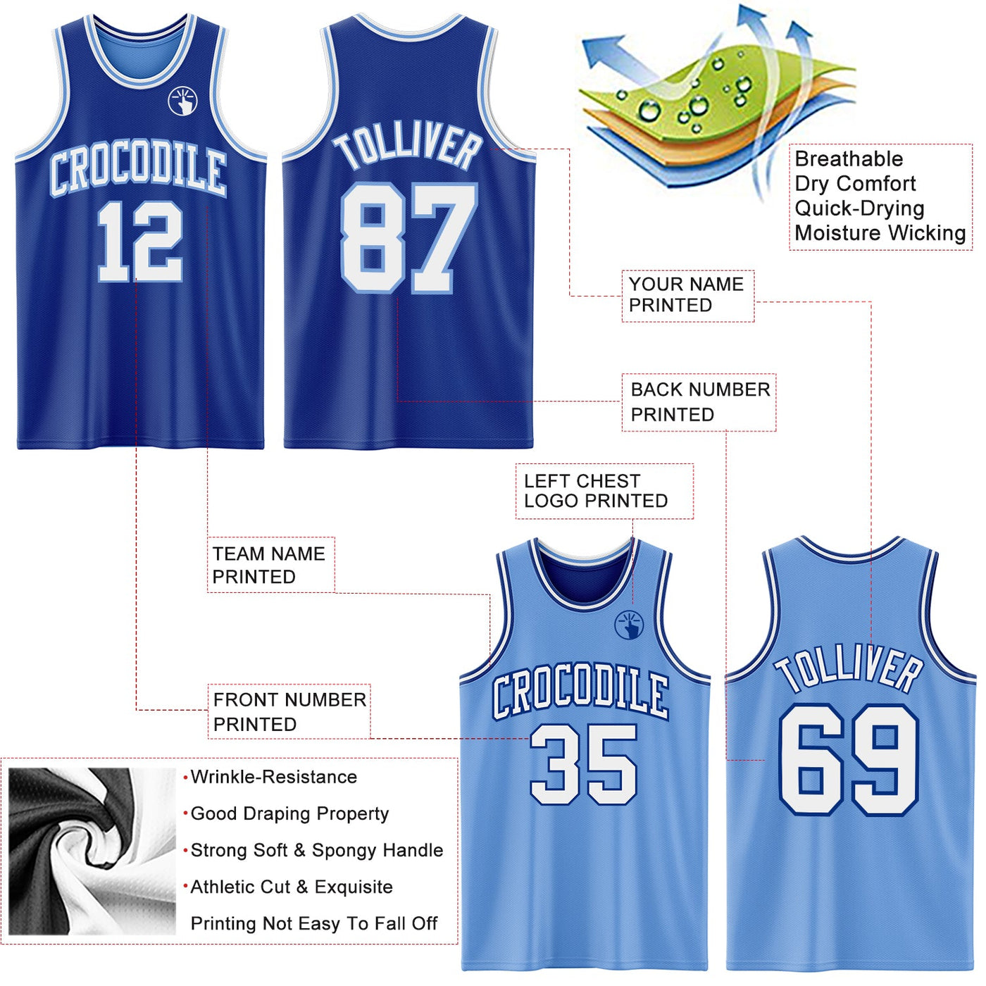 Custom Royal White-Light Blue Reversible Double Side Sublimation Basketball Set Jersey