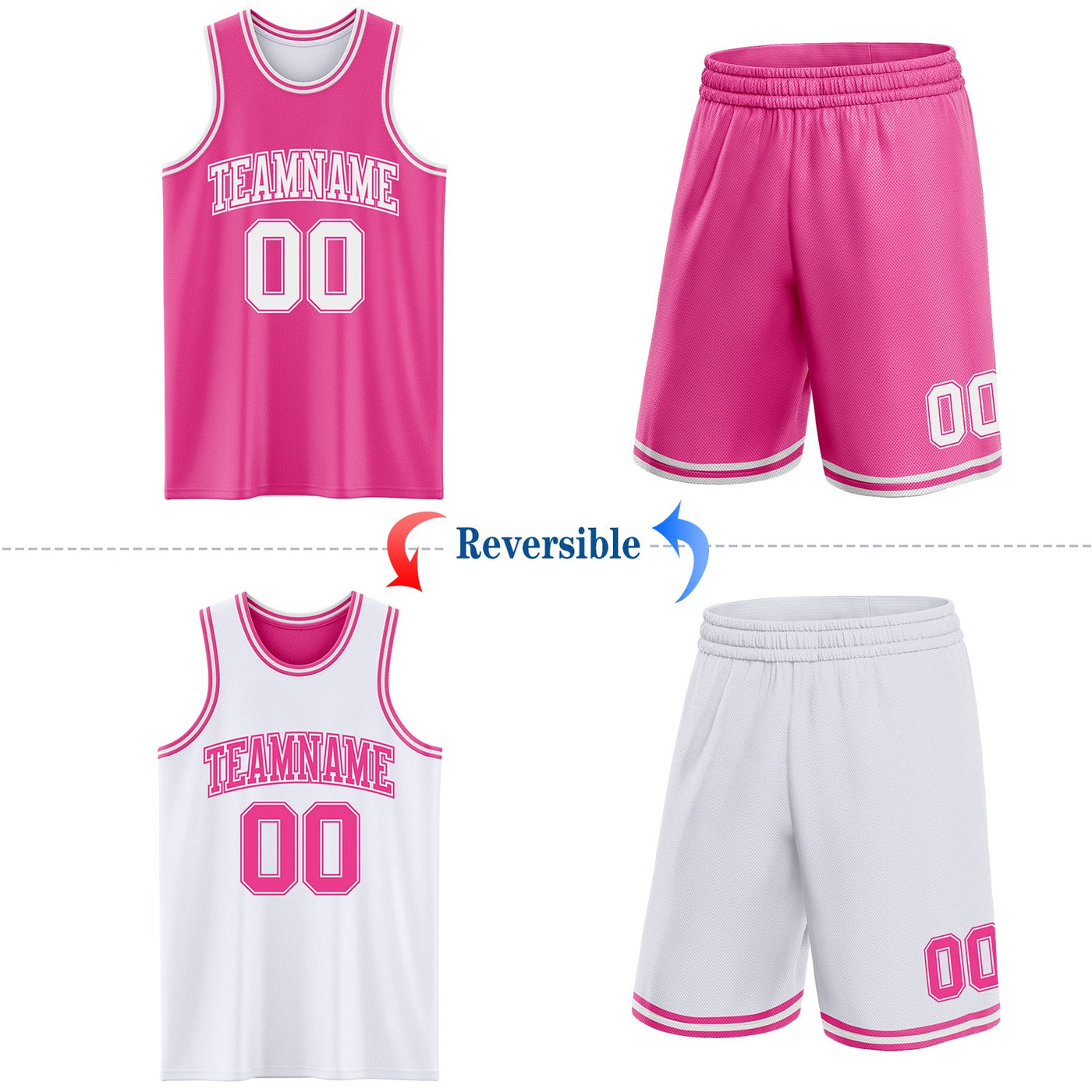 Custom Pink White Reversible Double Side Sublimation Basketball Set Jersey