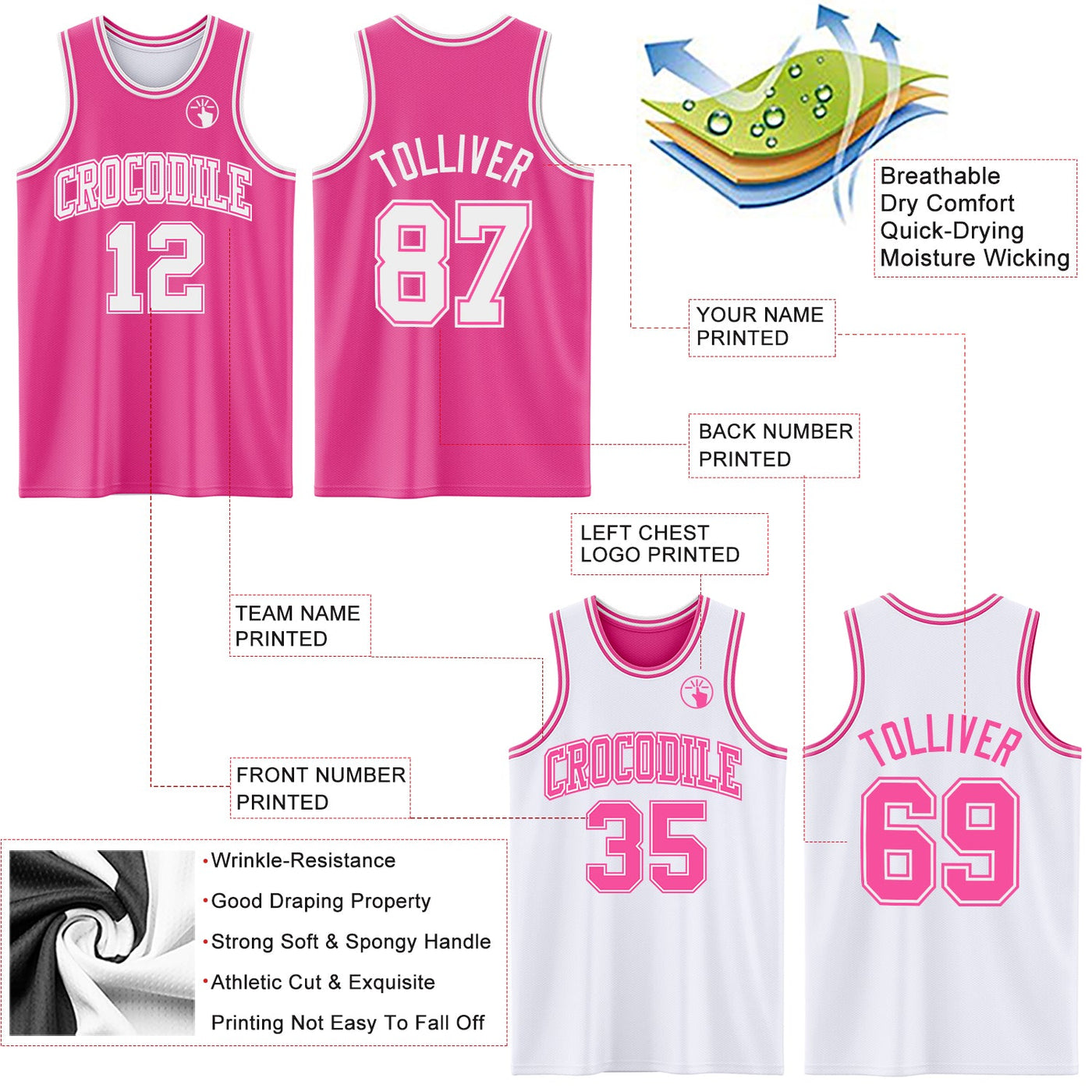 Custom Pink White Reversible Double Side Sublimation Basketball Set Jersey