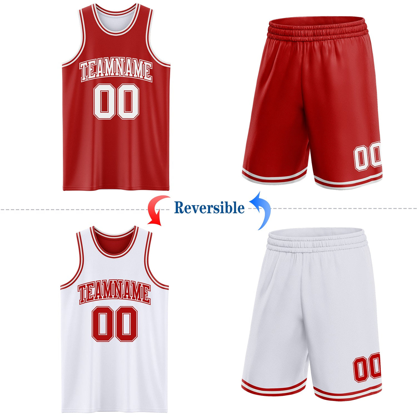 Custom Red White Reversible Double Side Sublimation Basketball Set Jersey