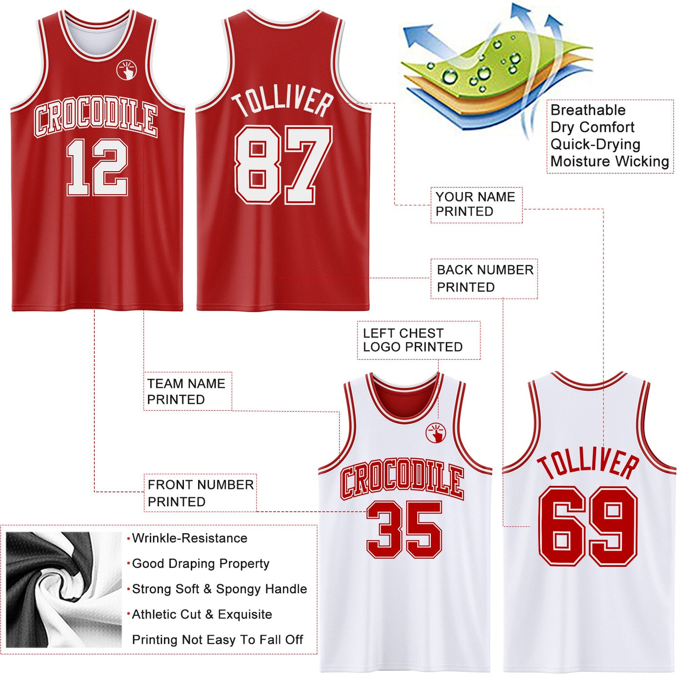 Custom Red White Reversible Double Side Sublimation Basketball Set Jersey