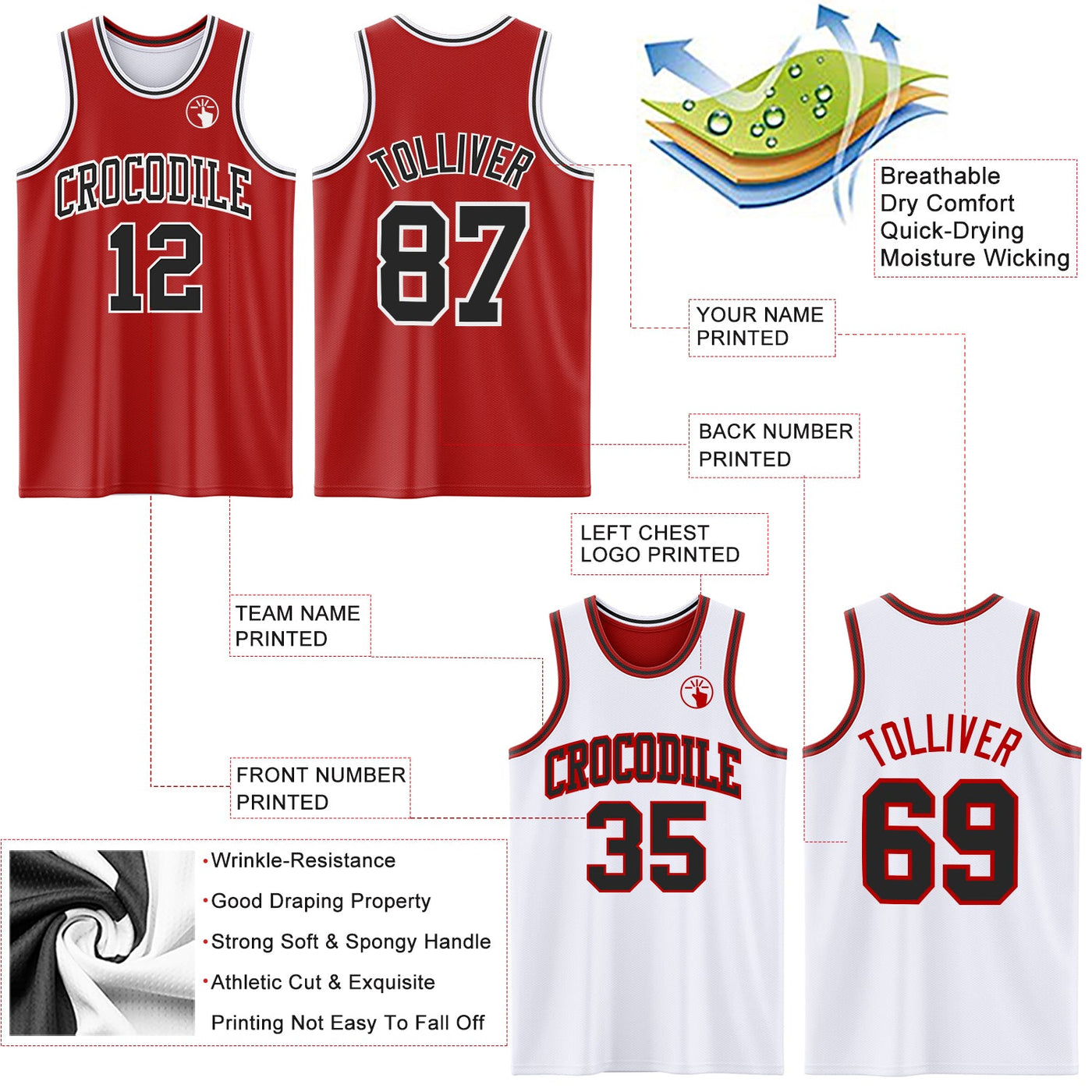 Custom Red Black-White Reversible Double Side Sublimation Basketball Set Jersey