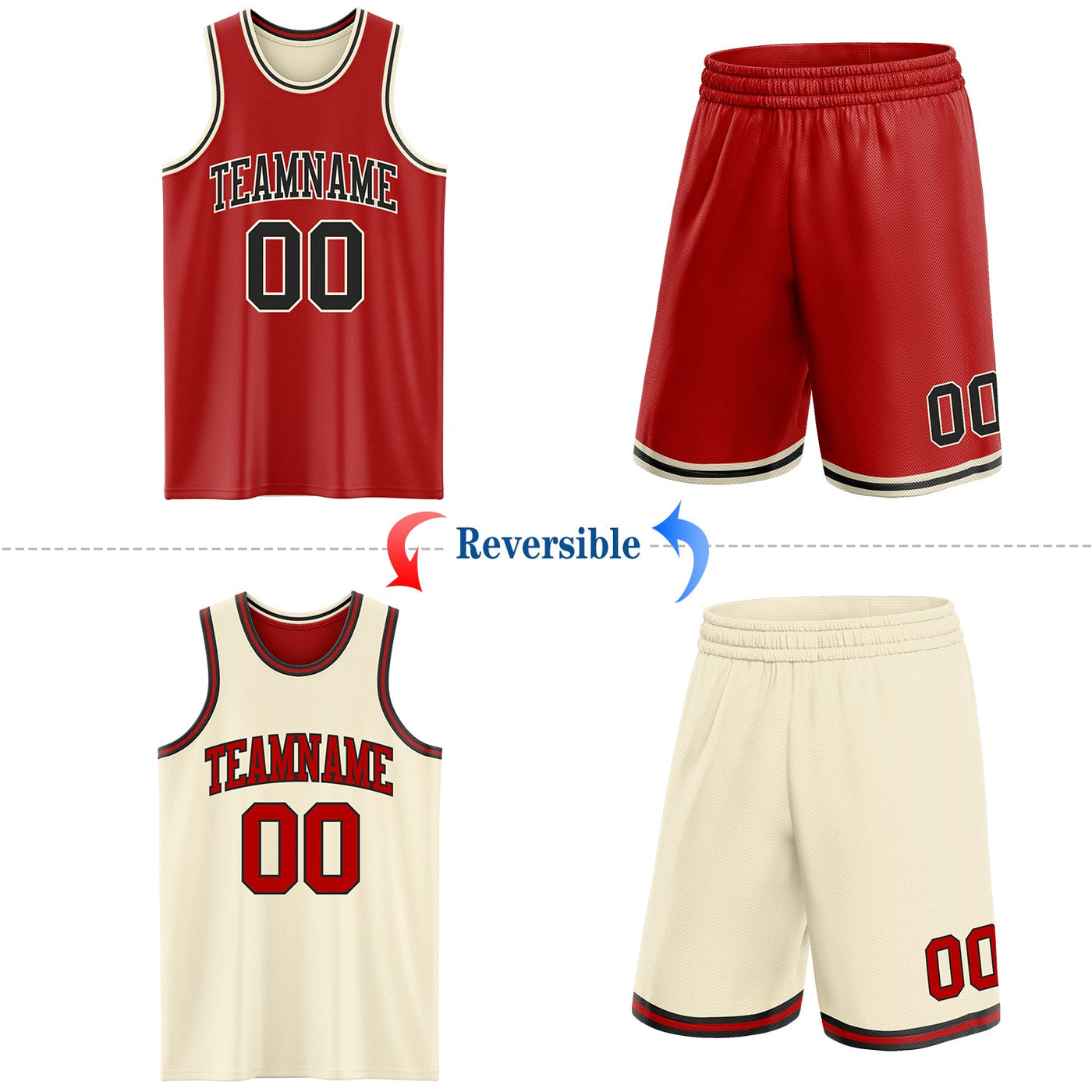 Custom Red Black-Cream Reversible Double Side Sublimation Basketball Set Jersey
