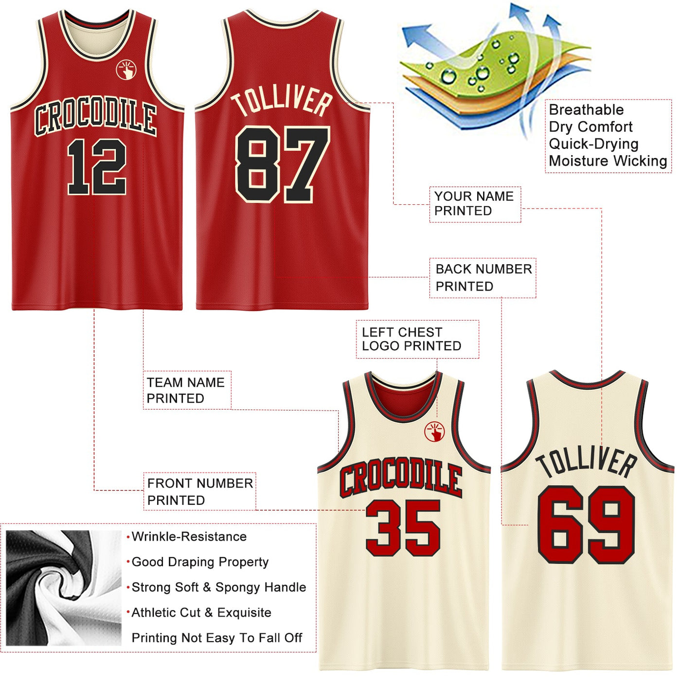 Custom Red Black-Cream Reversible Double Side Sublimation Basketball Set Jersey