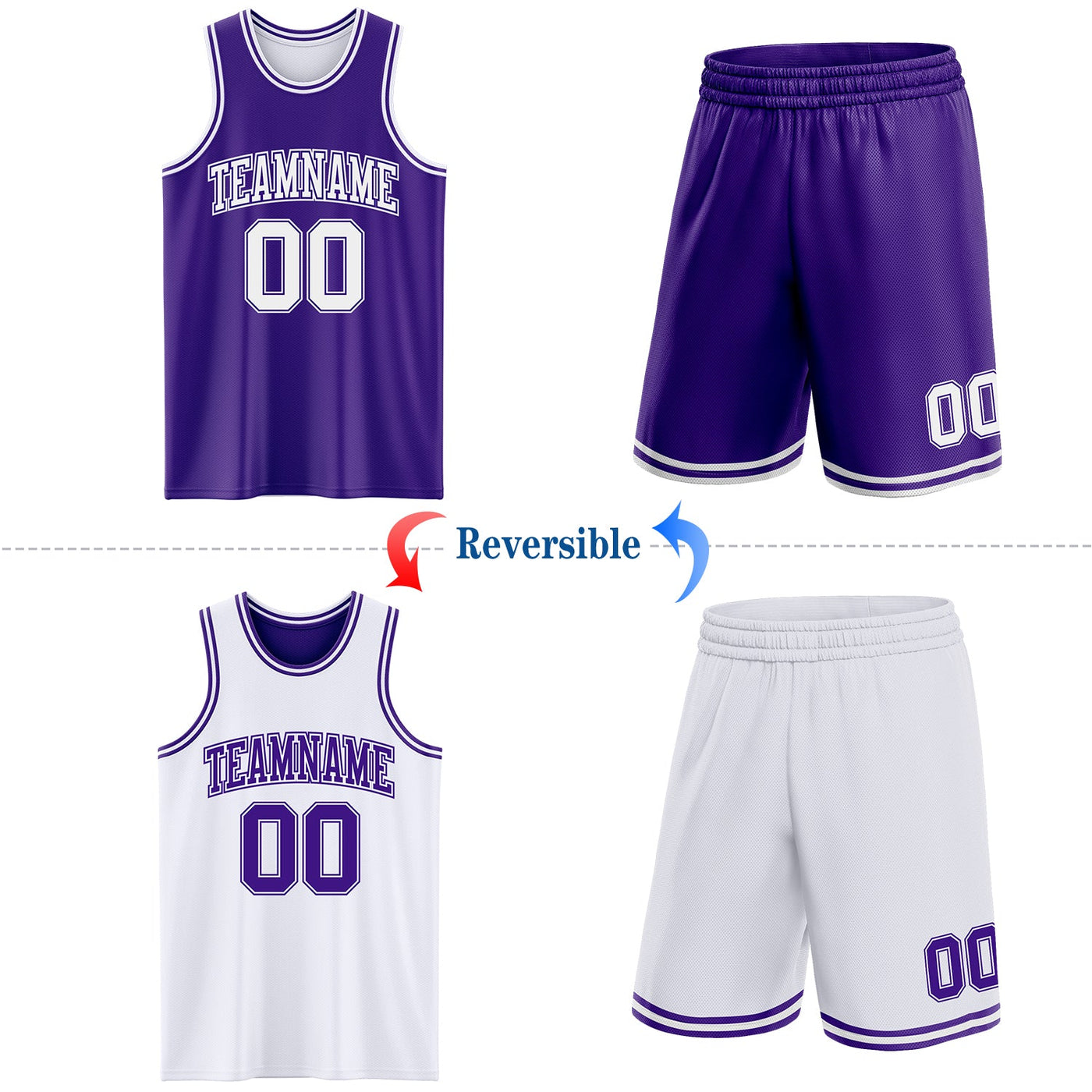 Custom Purple White Reversible Double Side Sublimation Basketball Set Jersey