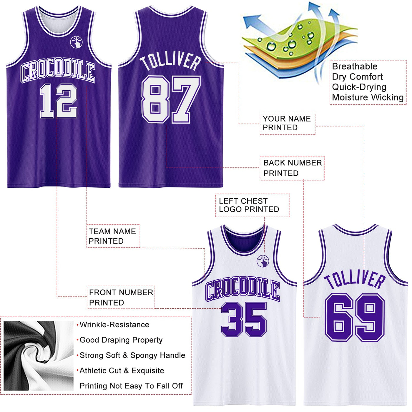 Custom Purple White Reversible Double Side Sublimation Basketball Set Jersey