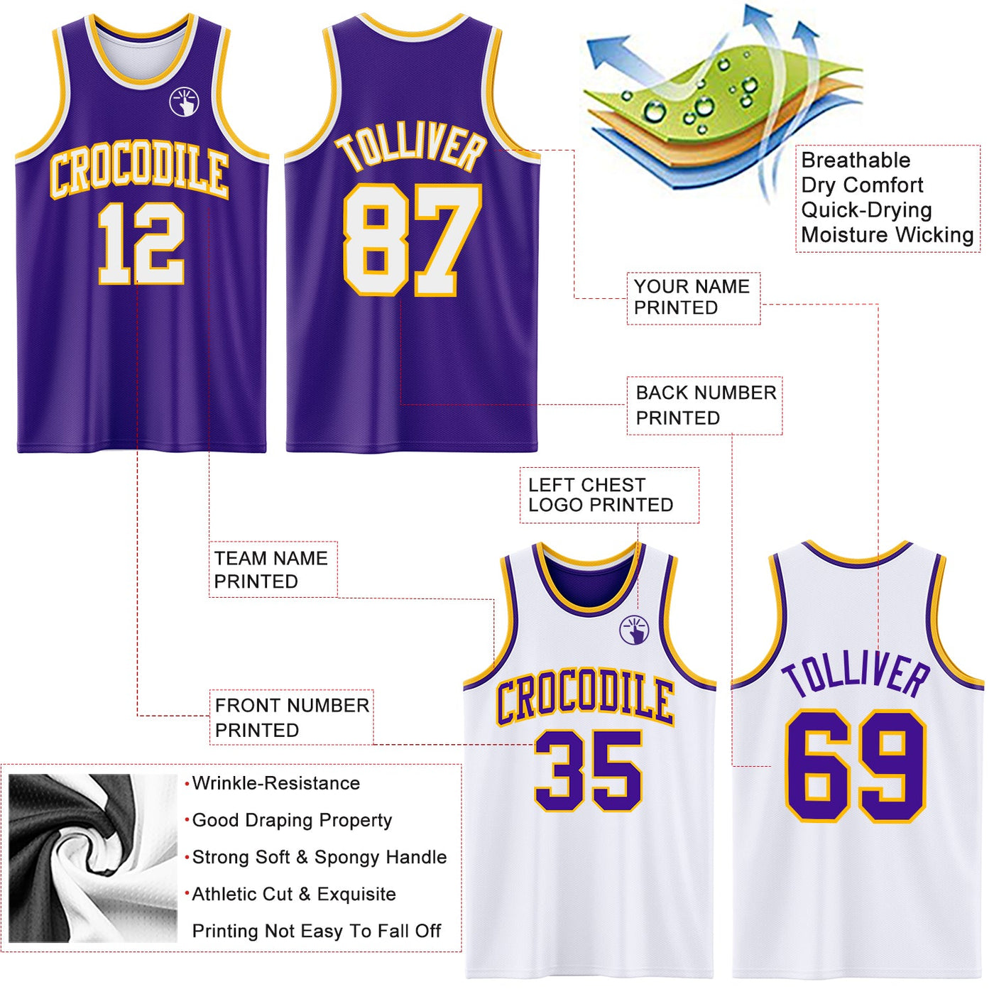 Custom Purple White-Gold Reversible Double Side Sublimation Basketball Set Jersey