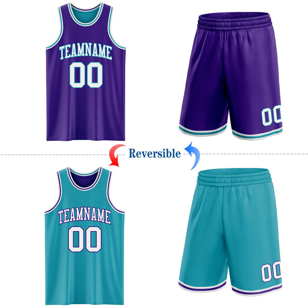 Custom Purple White-Teal Reversible Double Side Sublimation Basketball Set Jersey