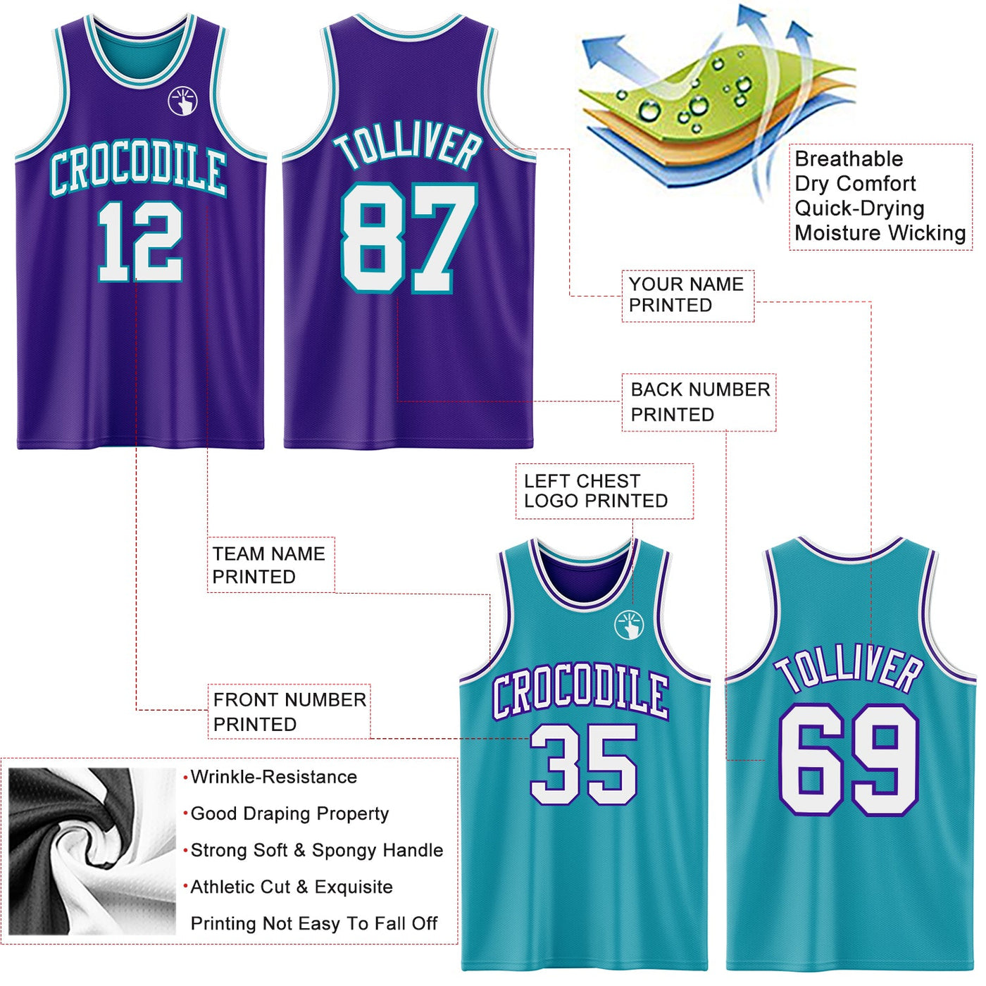 Custom Purple White-Teal Reversible Double Side Sublimation Basketball Set Jersey