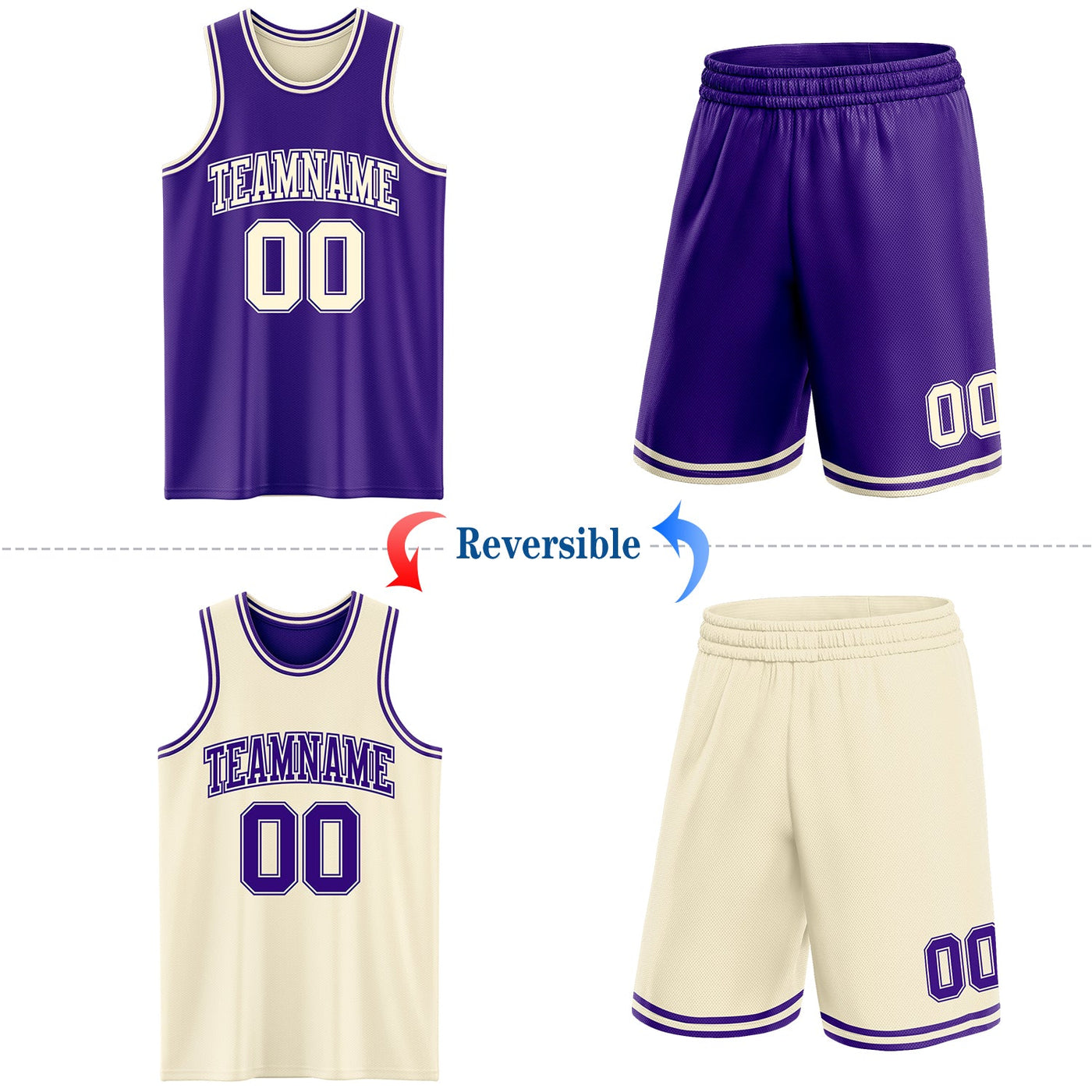 Custom Reversible Purple Cream Double Side Sublimation Basketball Set Jersey