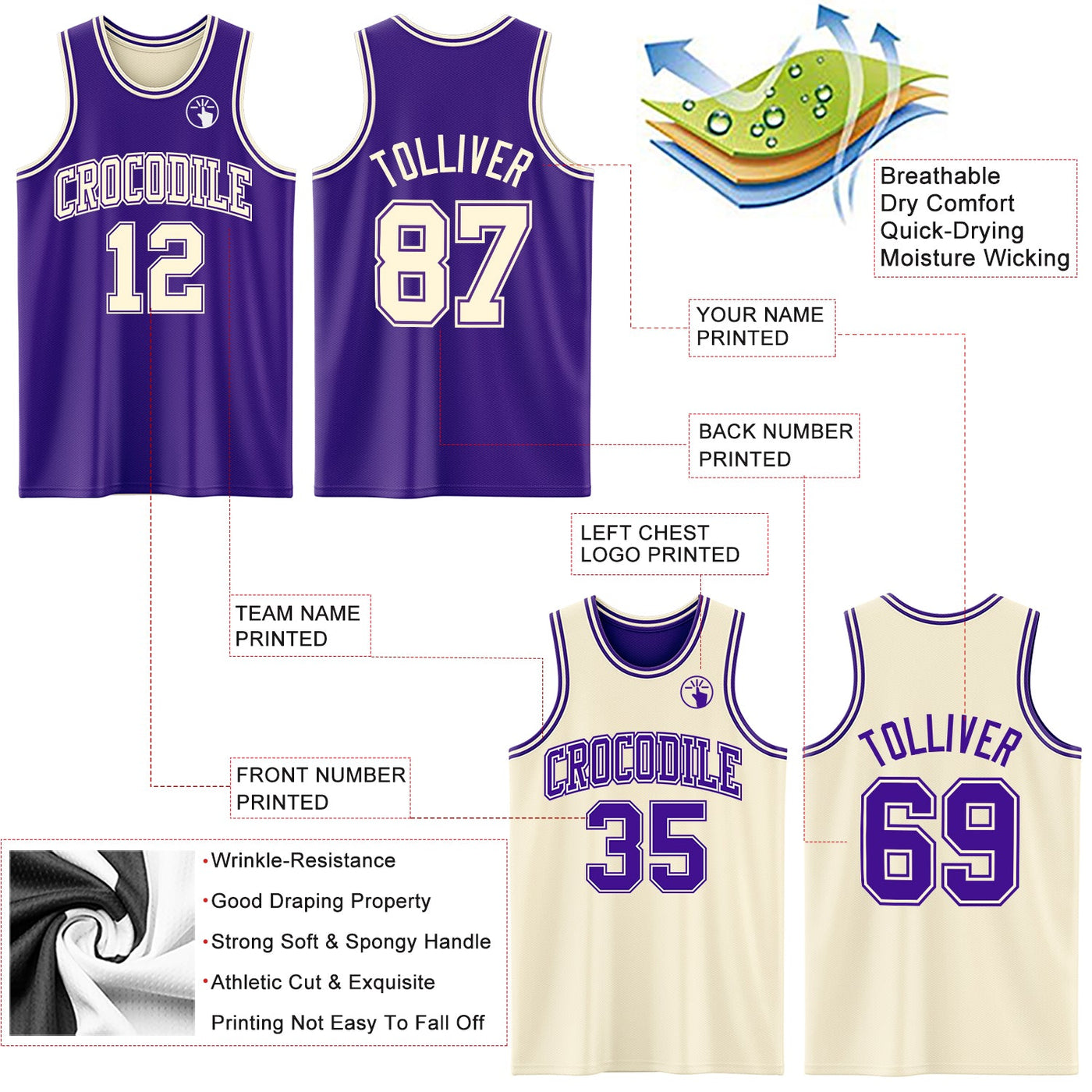 Custom Reversible Purple Cream Double Side Sublimation Basketball Set Jersey