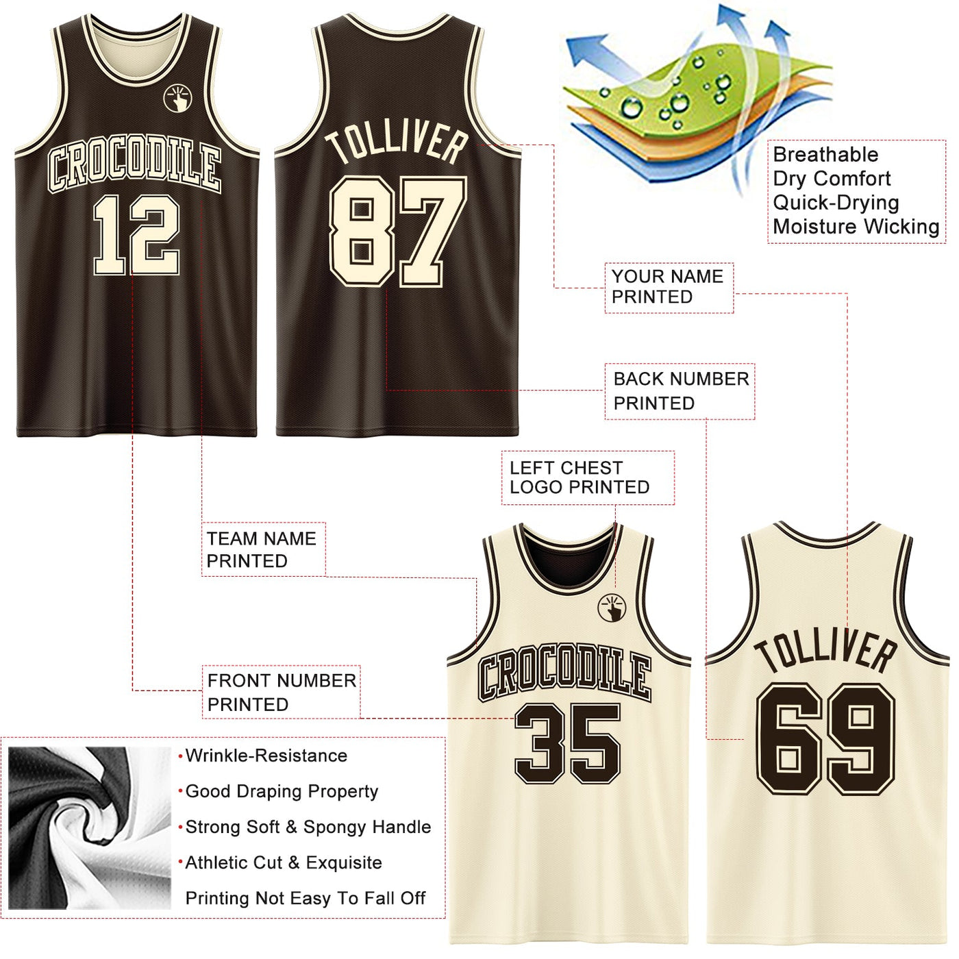 Custom Reversible Brown Cream Double Side Sublimation Basketball Set Jersey