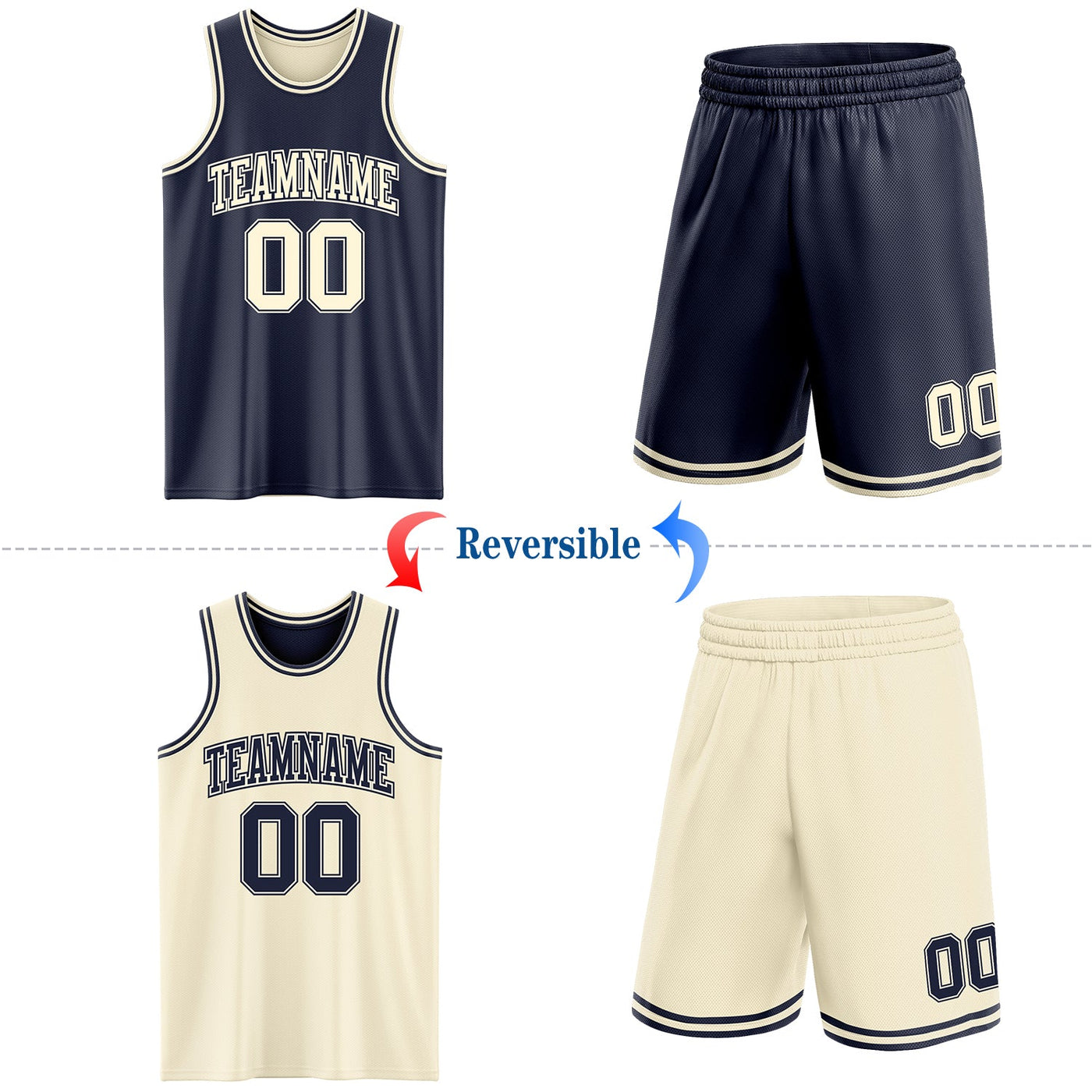 Custom Reversible Navy Cream Double Side Sublimation Basketball Set Jersey