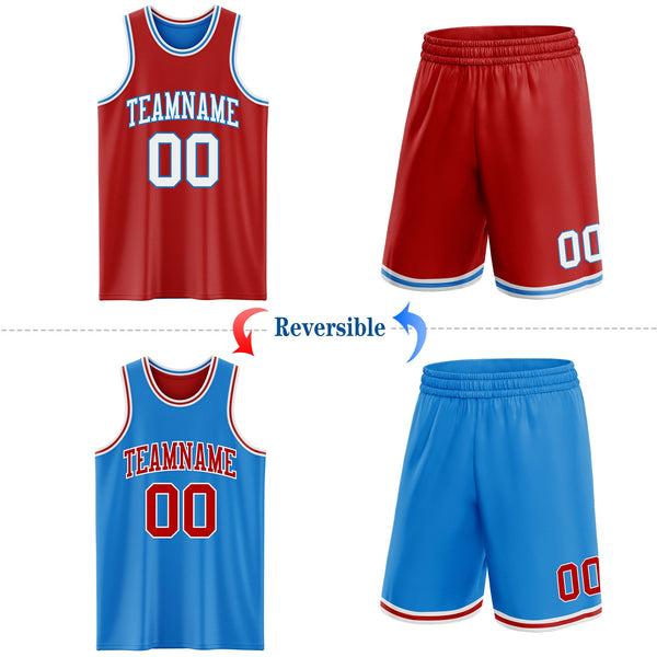 Custom Reversible Red White-Powder Blue Double Side Sublimation Basketball Set Jersey
