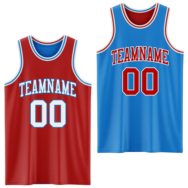 Custom Reversible Red White-Powder Blue Double Side Sublimation Basketball Set Jersey