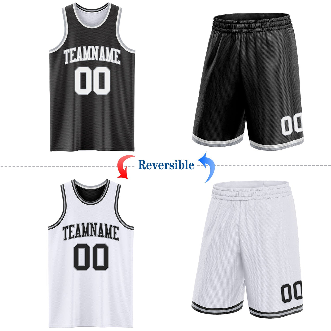 Custom Reversible Black White-Gray Double Side Sublimation Basketball Set Jersey