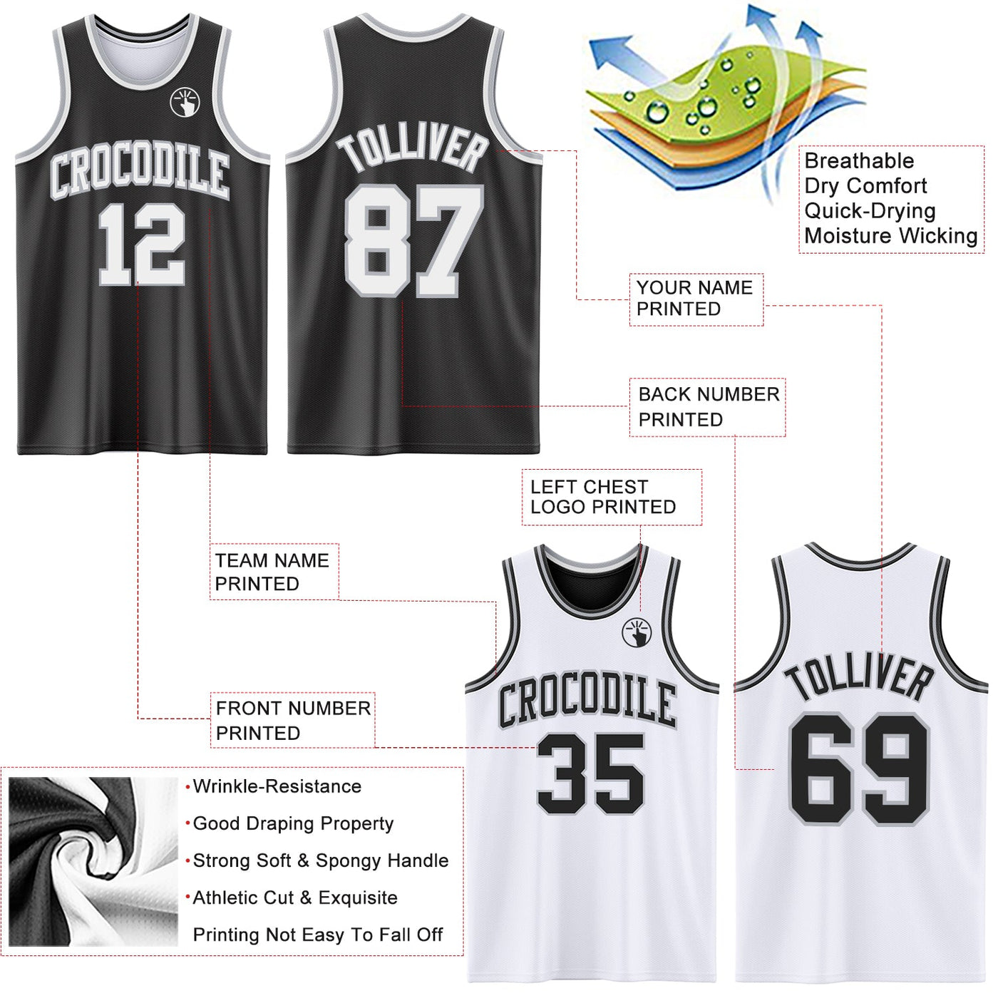Custom Reversible Black White-Gray Double Side Sublimation Basketball Set Jersey