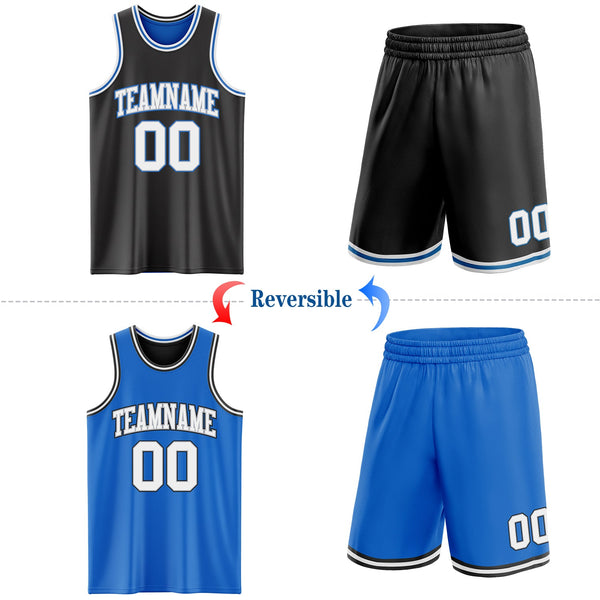 Custom Reversible Black Gray-Blue Double Side Sublimation Basketball Set Jersey