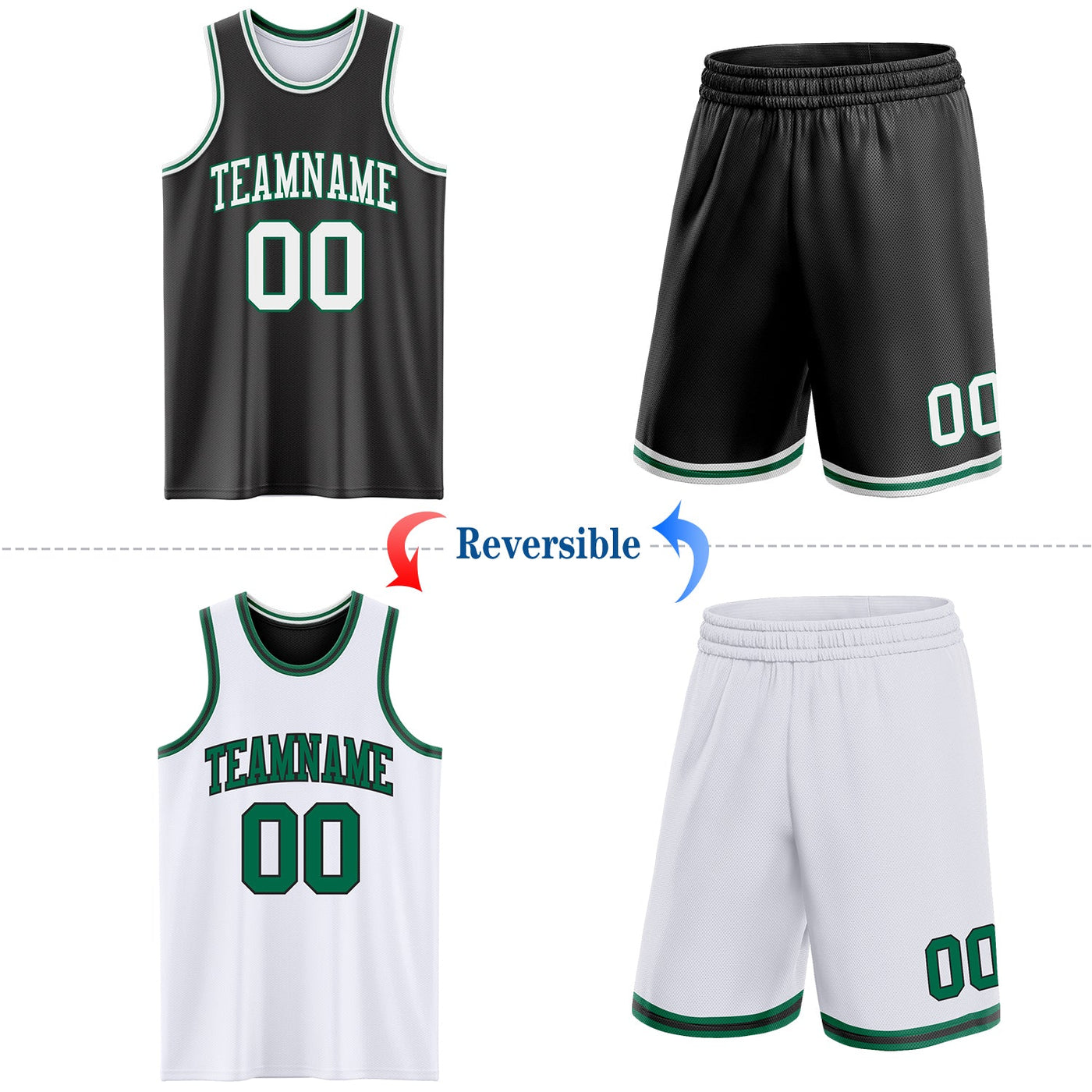 Custom Reversible Black White-Kelly Green Double Side Sublimation Basketball Set Jersey