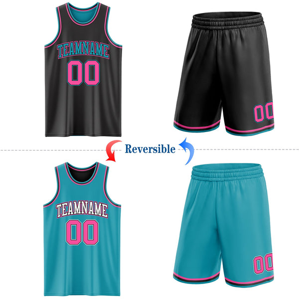 Custom Reversible Black Pink-Teal Double Side Sublimation Basketball Set Jersey