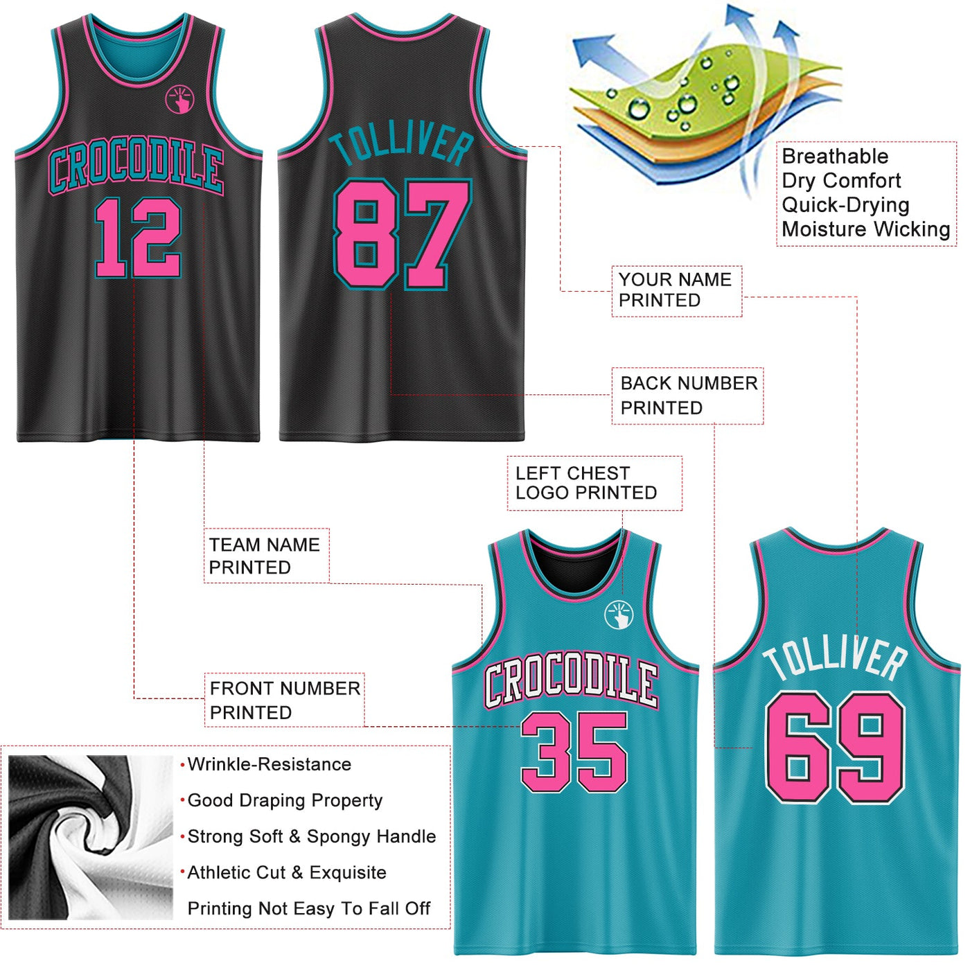 Custom Reversible Black Pink-Teal Double Side Sublimation Basketball Set Jersey