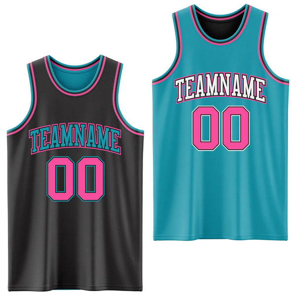 Custom Reversible Black Pink-Teal Double Side Sublimation Basketball Set Jersey